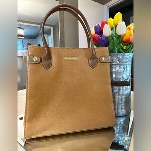 Burberry two-toned tan leather structured handbag